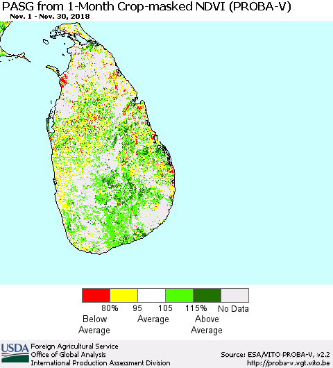 Sri Lanka PASG from 1-Month Crop-masked NDVI (PROBA-V) Thematic Map For 11/21/2018 - 11/30/2018