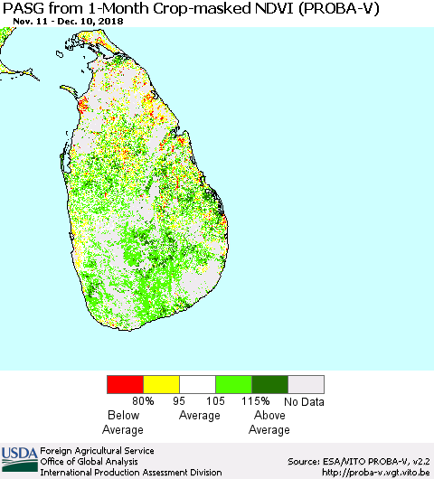 Sri Lanka PASG from 1-Month Crop-masked NDVI (PROBA-V) Thematic Map For 12/1/2018 - 12/10/2018