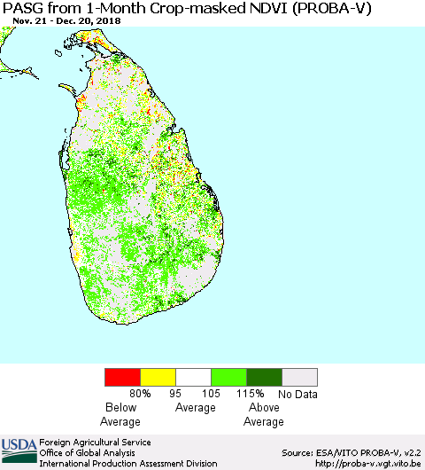 Sri Lanka PASG from 1-Month Crop-masked NDVI (PROBA-V) Thematic Map For 12/11/2018 - 12/20/2018
