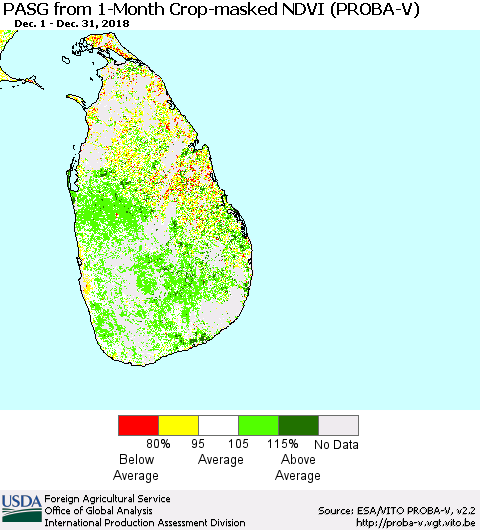 Sri Lanka PASG from 1-Month Crop-masked NDVI (PROBA-V) Thematic Map For 12/21/2018 - 12/31/2018