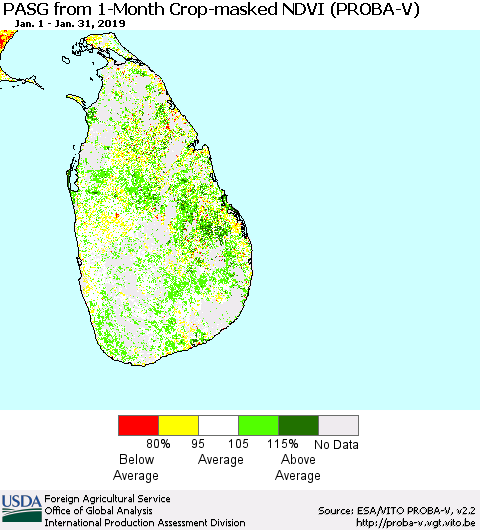 Sri Lanka PASG from 1-Month Crop-masked NDVI (PROBA-V) Thematic Map For 1/21/2019 - 1/31/2019