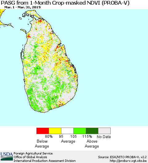 Sri Lanka PASG from 1-Month Crop-masked NDVI (PROBA-V) Thematic Map For 3/21/2019 - 3/31/2019