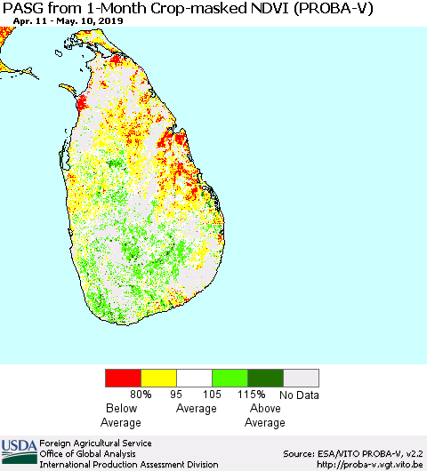 Sri Lanka PASG from 1-Month Crop-masked NDVI (PROBA-V) Thematic Map For 5/1/2019 - 5/10/2019