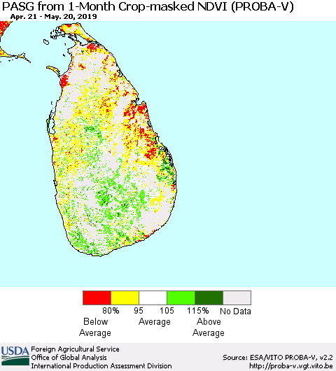 Sri Lanka PASG from 1-Month Crop-masked NDVI (PROBA-V) Thematic Map For 5/11/2019 - 5/20/2019