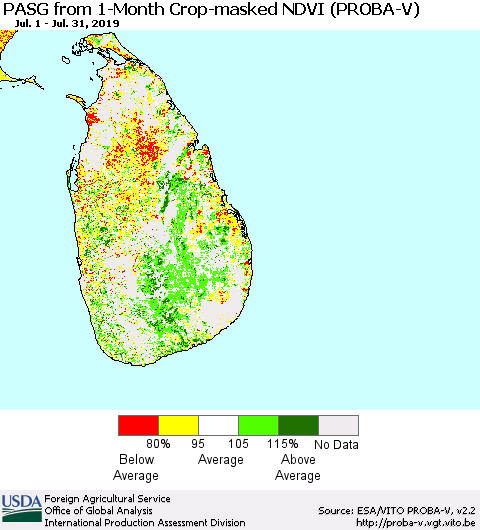 Sri Lanka PASG from 1-Month Crop-masked NDVI (PROBA-V) Thematic Map For 7/21/2019 - 7/31/2019