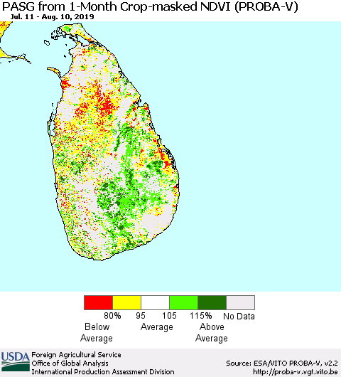 Sri Lanka PASG from 1-Month Crop-masked NDVI (PROBA-V) Thematic Map For 8/1/2019 - 8/10/2019