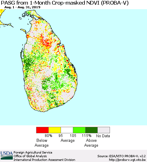Sri Lanka PASG from 1-Month Crop-masked NDVI (PROBA-V) Thematic Map For 8/21/2019 - 8/31/2019