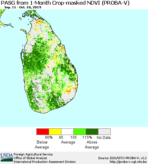 Sri Lanka PASG from 1-Month Crop-masked NDVI (PROBA-V) Thematic Map For 10/1/2019 - 10/10/2019