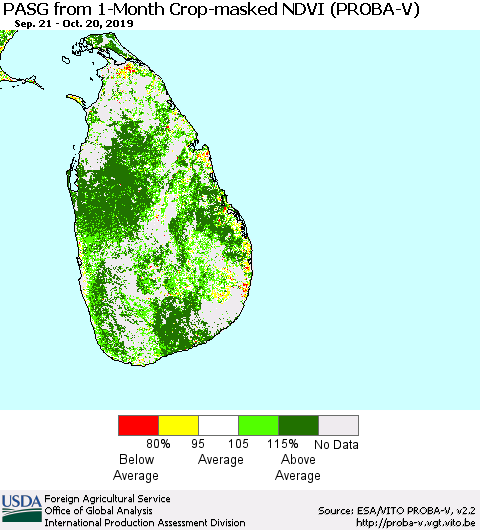 Sri Lanka PASG from 1-Month Crop-masked NDVI (PROBA-V) Thematic Map For 10/11/2019 - 10/20/2019