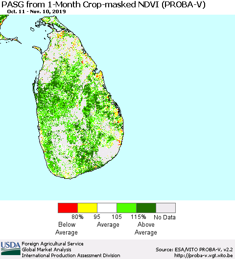 Sri Lanka PASG from 1-Month Crop-masked NDVI (PROBA-V) Thematic Map For 11/1/2019 - 11/10/2019