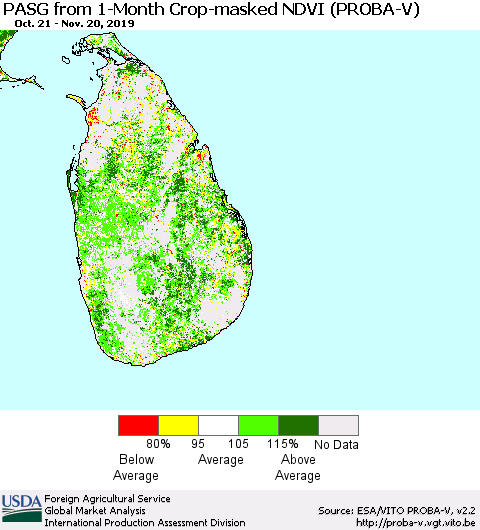 Sri Lanka PASG from 1-Month Crop-masked NDVI (PROBA-V) Thematic Map For 11/11/2019 - 11/20/2019