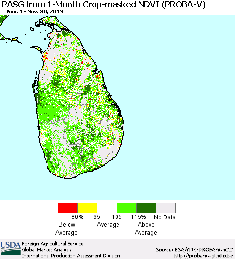 Sri Lanka PASG from 1-Month Crop-masked NDVI (PROBA-V) Thematic Map For 11/21/2019 - 11/30/2019