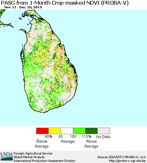 Sri Lanka PASG from 1-Month Crop-masked NDVI (PROBA-V) Thematic Map For 12/1/2019 - 12/10/2019