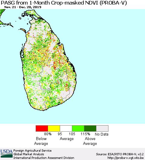 Sri Lanka PASG from 1-Month Crop-masked NDVI (PROBA-V) Thematic Map For 12/11/2019 - 12/20/2019
