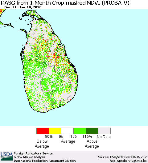 Sri Lanka PASG from 1-Month Crop-masked NDVI (PROBA-V) Thematic Map For 1/1/2020 - 1/10/2020