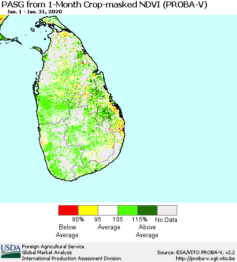 Sri Lanka PASG from 1-Month Crop-masked NDVI (PROBA-V) Thematic Map For 1/21/2020 - 1/31/2020