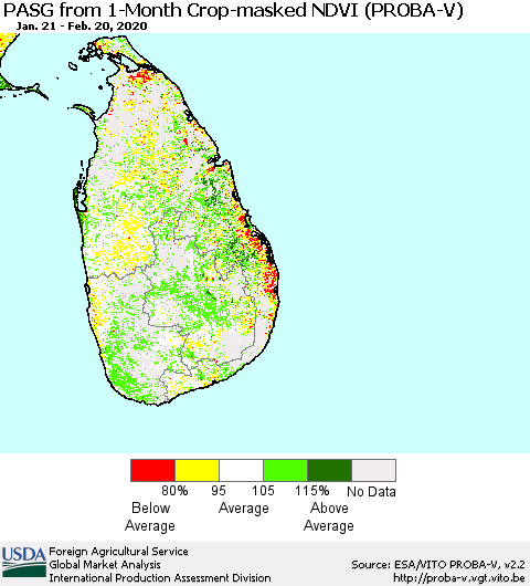 Sri Lanka PASG from 1-Month Crop-masked NDVI (PROBA-V) Thematic Map For 2/11/2020 - 2/20/2020