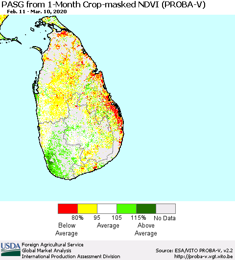 Sri Lanka PASG from 1-Month Crop-masked NDVI (PROBA-V) Thematic Map For 3/1/2020 - 3/10/2020