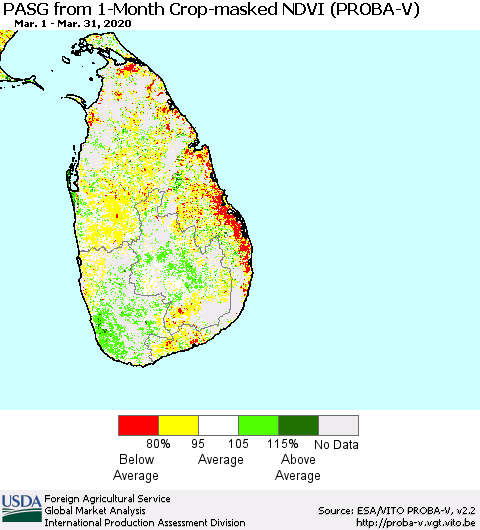Sri Lanka PASG from 1-Month Crop-masked NDVI (PROBA-V) Thematic Map For 3/21/2020 - 3/31/2020