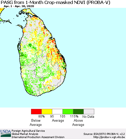 Sri Lanka PASG from 1-Month Crop-masked NDVI (PROBA-V) Thematic Map For 4/21/2020 - 4/30/2020