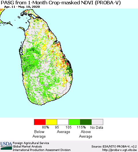 Sri Lanka PASG from 1-Month Crop-masked NDVI (PROBA-V) Thematic Map For 5/1/2020 - 5/10/2020