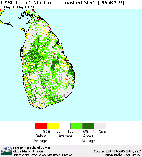 Sri Lanka PASG from 1-Month Crop-masked NDVI (PROBA-V) Thematic Map For 5/21/2020 - 5/31/2020