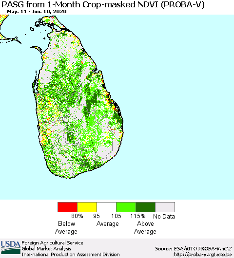Sri Lanka PASG from 1-Month Crop-masked NDVI (PROBA-V) Thematic Map For 6/1/2020 - 6/10/2020