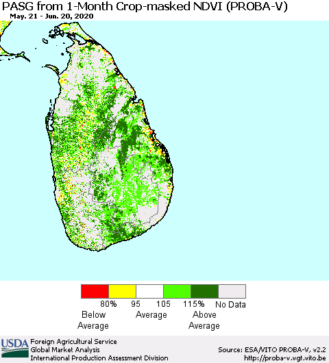 Sri Lanka PASG from 1-Month Crop-masked NDVI (PROBA-V) Thematic Map For 6/11/2020 - 6/20/2020