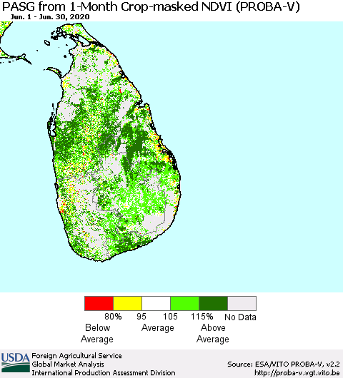 Sri Lanka PASG from 1-Month Crop-masked NDVI (PROBA-V) Thematic Map For 6/21/2020 - 6/30/2020