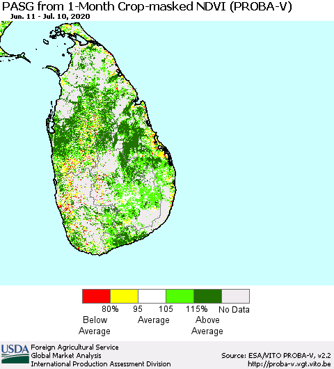 Sri Lanka PASG from 1-Month Crop-masked NDVI (PROBA-V) Thematic Map For 7/1/2020 - 7/10/2020