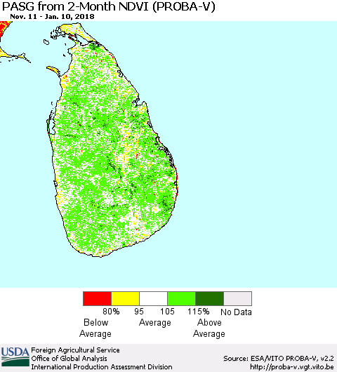 Sri Lanka PASG from 2-Month NDVI (PROBA-V) Thematic Map For 1/1/2018 - 1/10/2018