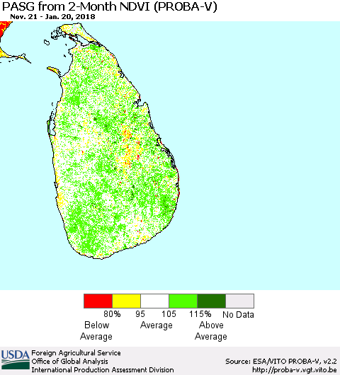 Sri Lanka PASG from 2-Month NDVI (PROBA-V) Thematic Map For 1/11/2018 - 1/20/2018