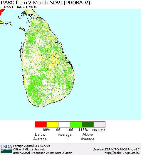 Sri Lanka PASG from 2-Month NDVI (PROBA-V) Thematic Map For 1/21/2018 - 1/31/2018
