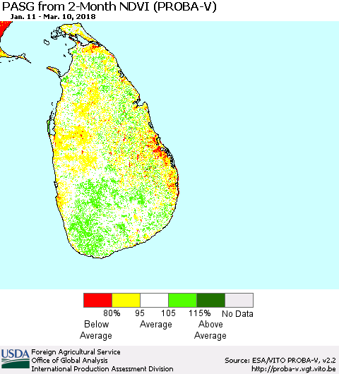 Sri Lanka PASG from 2-Month NDVI (PROBA-V) Thematic Map For 3/1/2018 - 3/10/2018