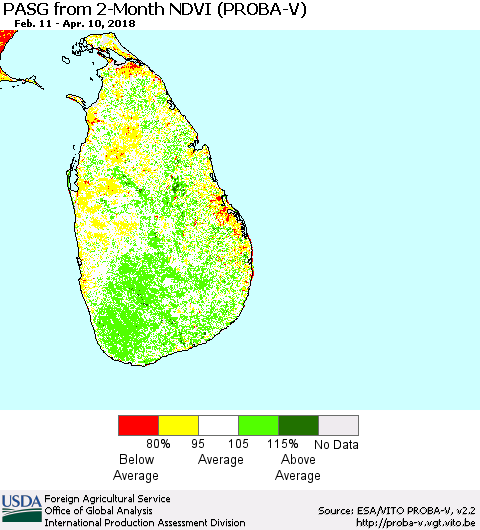 Sri Lanka PASG from 2-Month NDVI (PROBA-V) Thematic Map For 4/1/2018 - 4/10/2018