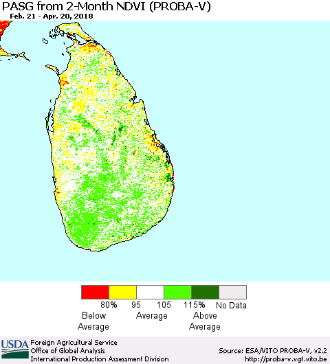 Sri Lanka PASG from 2-Month NDVI (PROBA-V) Thematic Map For 4/11/2018 - 4/20/2018
