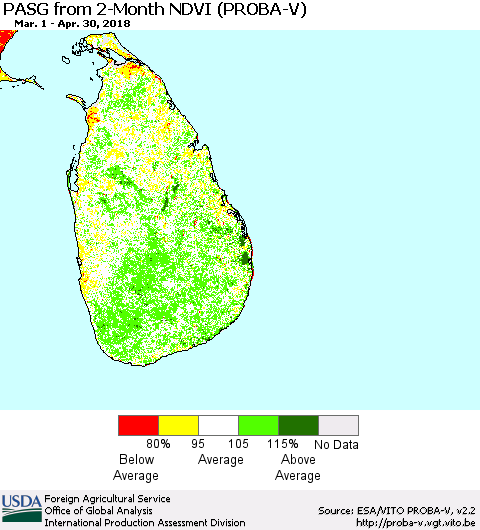 Sri Lanka PASG from 2-Month NDVI (PROBA-V) Thematic Map For 4/21/2018 - 4/30/2018