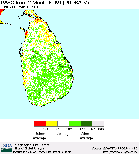 Sri Lanka PASG from 2-Month NDVI (PROBA-V) Thematic Map For 5/1/2018 - 5/10/2018