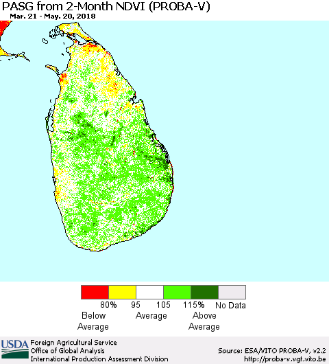 Sri Lanka PASG from 2-Month NDVI (PROBA-V) Thematic Map For 5/11/2018 - 5/20/2018