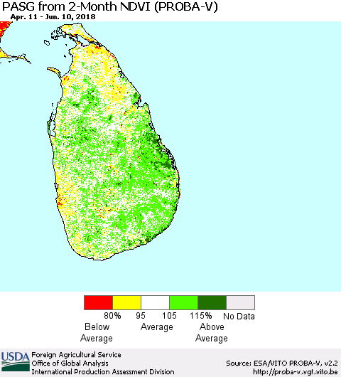 Sri Lanka PASG from 2-Month NDVI (PROBA-V) Thematic Map For 6/1/2018 - 6/10/2018