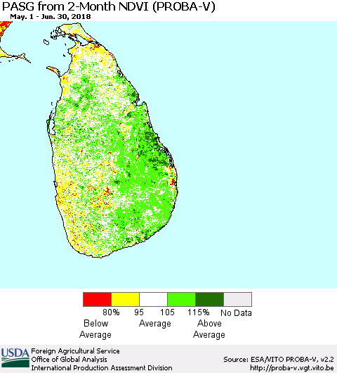 Sri Lanka PASG from 2-Month NDVI (PROBA-V) Thematic Map For 6/21/2018 - 6/30/2018