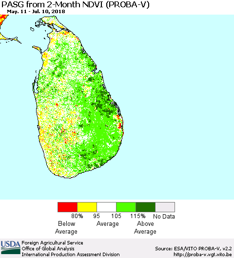 Sri Lanka PASG from 2-Month NDVI (PROBA-V) Thematic Map For 7/1/2018 - 7/10/2018