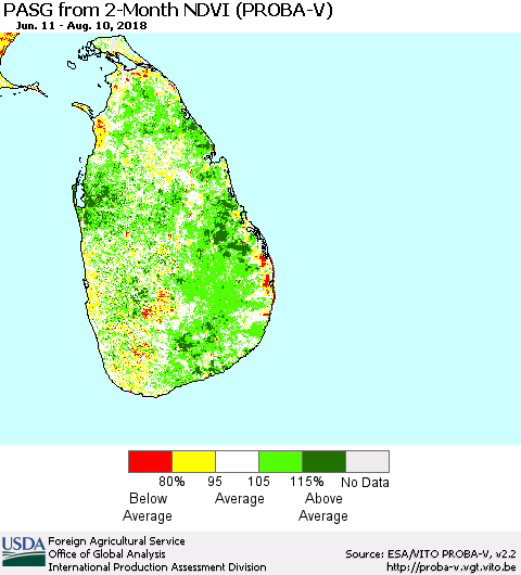 Sri Lanka PASG from 2-Month NDVI (PROBA-V) Thematic Map For 8/1/2018 - 8/10/2018