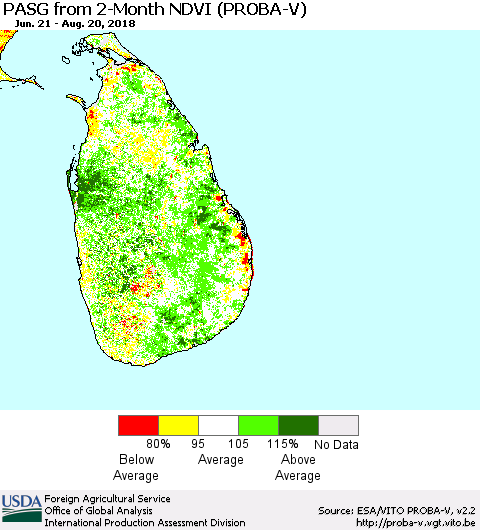 Sri Lanka PASG from 2-Month NDVI (PROBA-V) Thematic Map For 8/11/2018 - 8/20/2018