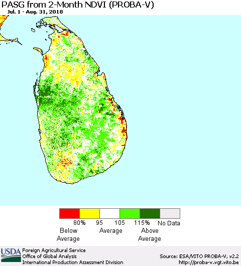 Sri Lanka PASG from 2-Month NDVI (PROBA-V) Thematic Map For 8/21/2018 - 8/31/2018