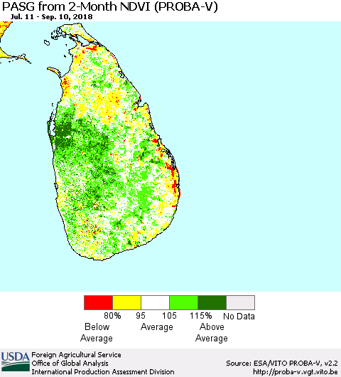 Sri Lanka PASG from 2-Month NDVI (PROBA-V) Thematic Map For 9/1/2018 - 9/10/2018