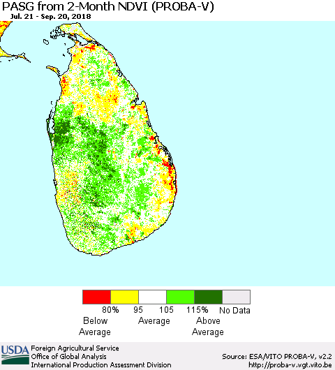Sri Lanka PASG from 2-Month NDVI (PROBA-V) Thematic Map For 9/11/2018 - 9/20/2018