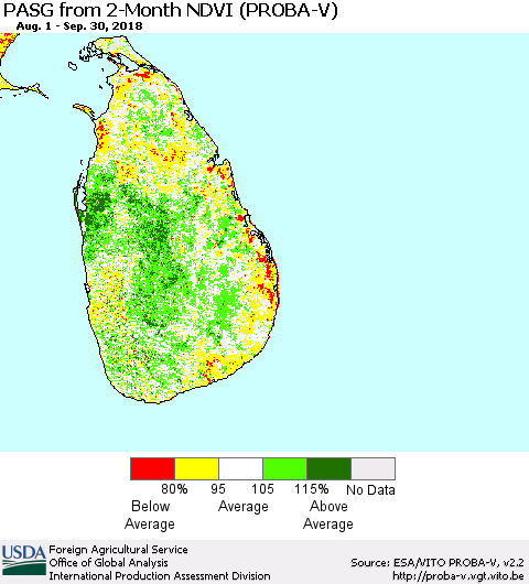 Sri Lanka PASG from 2-Month NDVI (PROBA-V) Thematic Map For 9/21/2018 - 9/30/2018