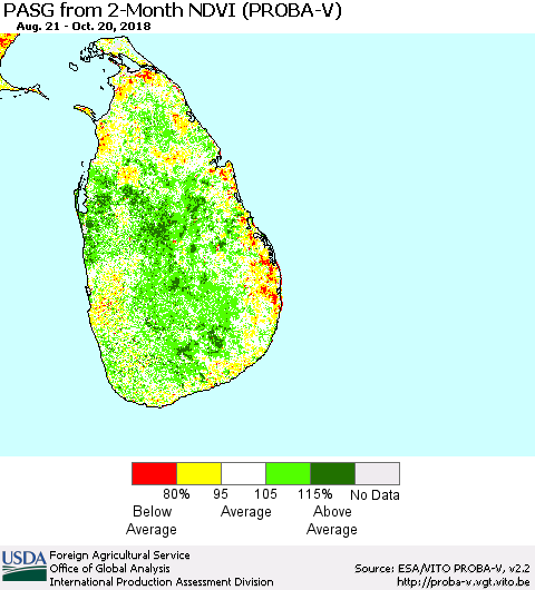 Sri Lanka PASG from 2-Month NDVI (PROBA-V) Thematic Map For 10/11/2018 - 10/20/2018