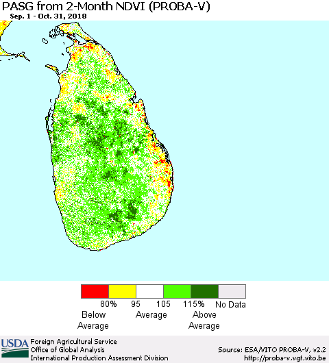 Sri Lanka PASG from 2-Month NDVI (PROBA-V) Thematic Map For 10/21/2018 - 10/31/2018